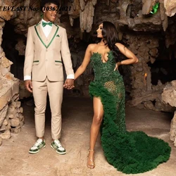 EVLAST Customized Emerald Green Mermaid Prom Dress For Black Girls High Slit Rhinestone Beaded Party Gowns Vestidos De Gala P3