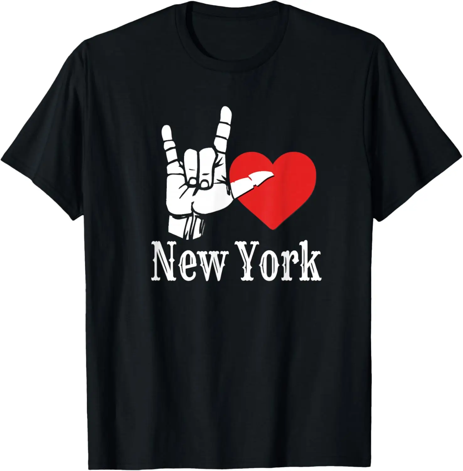 I Love New York ASL Sign Heart Rock Hand Gesture Graphic Tee Short Sleeve Casual T-Shirt