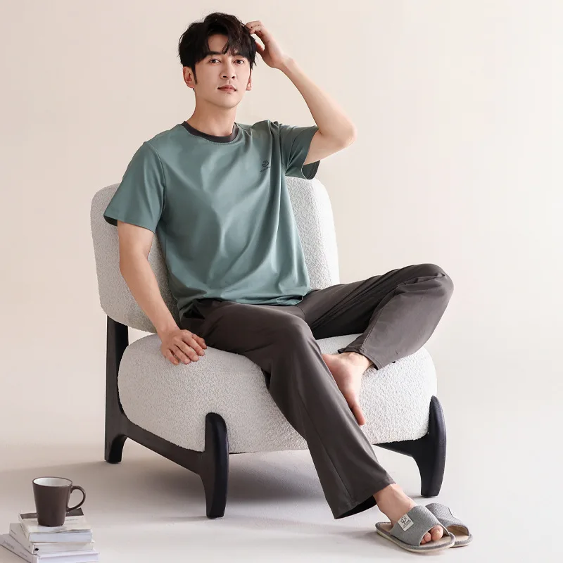 Modal Men's Pajamas Summer Short Sleeve Trousers 2024 New Simple Young Boy Male loungewear set Big Size L-4XL Pijamas Hombre