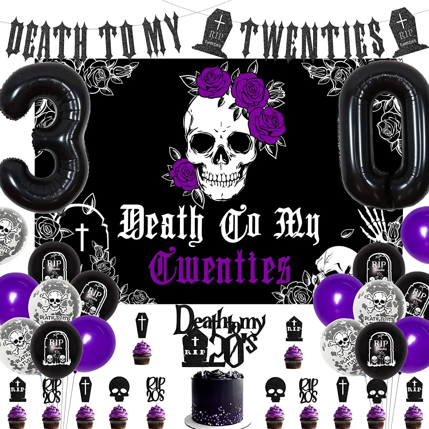 Death To My 20s Decorations Rip To My Twenties 30 Thirty Birthday Supplies Black Purple Balloon Banner Cake Topper Rose Backdrop