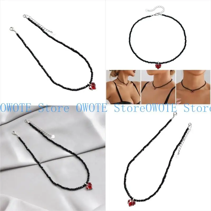 

A52E Fashionable Black Beaded Crystal Necklace with Love Pendant Handmade Neckchain