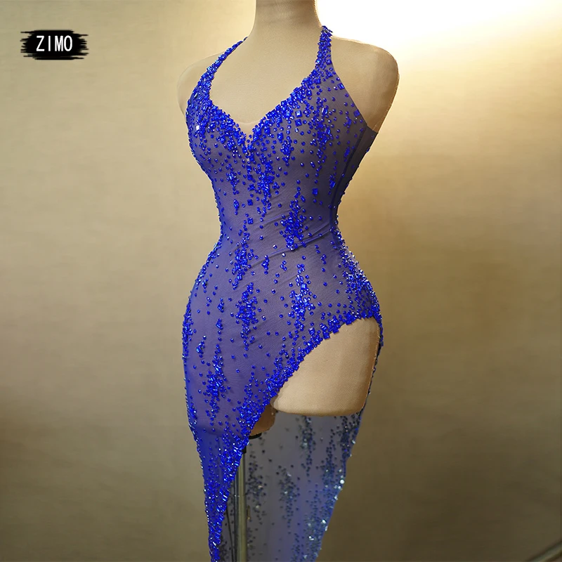 

2024 Sexy rhinestones blue dress See through mesh party club wedding birthday Gown Celebrity pole dance stage drag queen costume