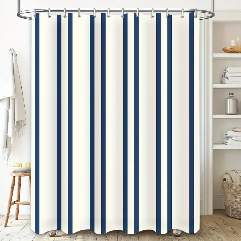 Classic Blue White Striped Shower Curtain Waterproof Bath Mat Decorative Liner Rectangular Size Customizable for Bathroom Access