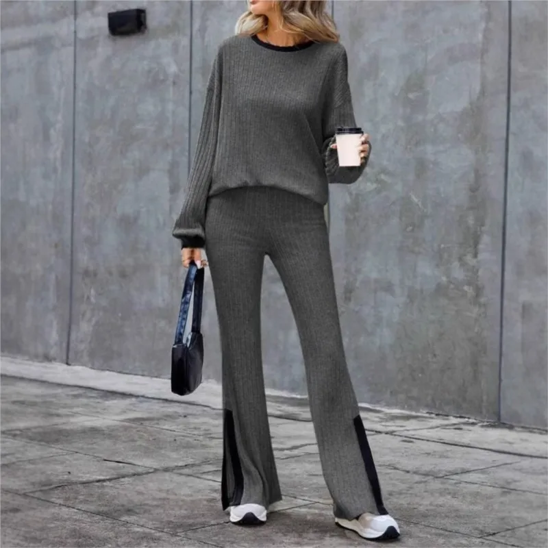 2024 Autumn Winter New Women\'s Fashion Color Blocked Casual Loose Home Clothes High Waist Temperament Split Pants Set