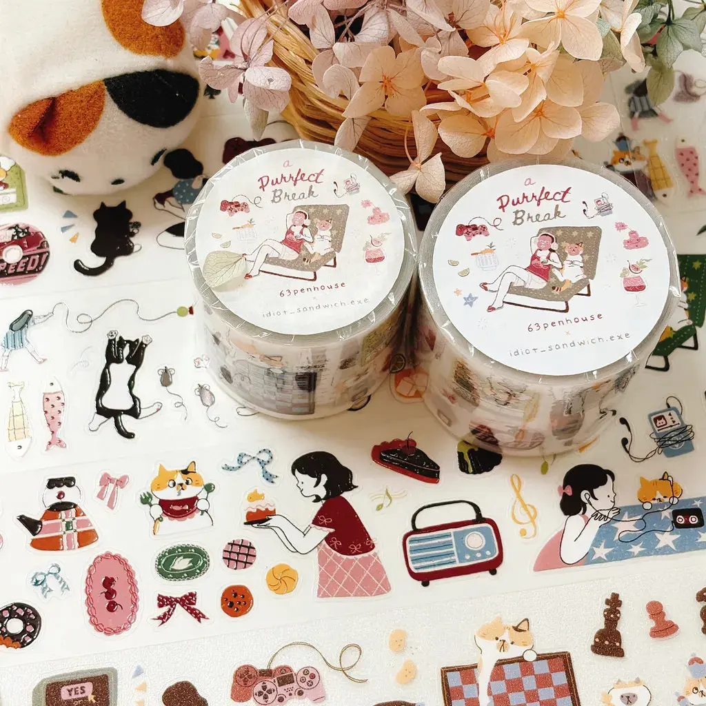 63penhouse Vintage A Purrfect Break Lazy Office Cat Washi Tape for Card Making DIY Scrapbooking Plan Decorative Sticker