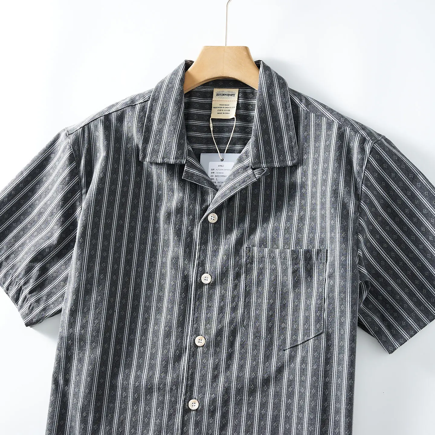2026 Summer New American Retro Short Sleeve Cuban Collar Gray Striped Cargo Shirt Men's Simple Single Pocket Casual Loose Tops