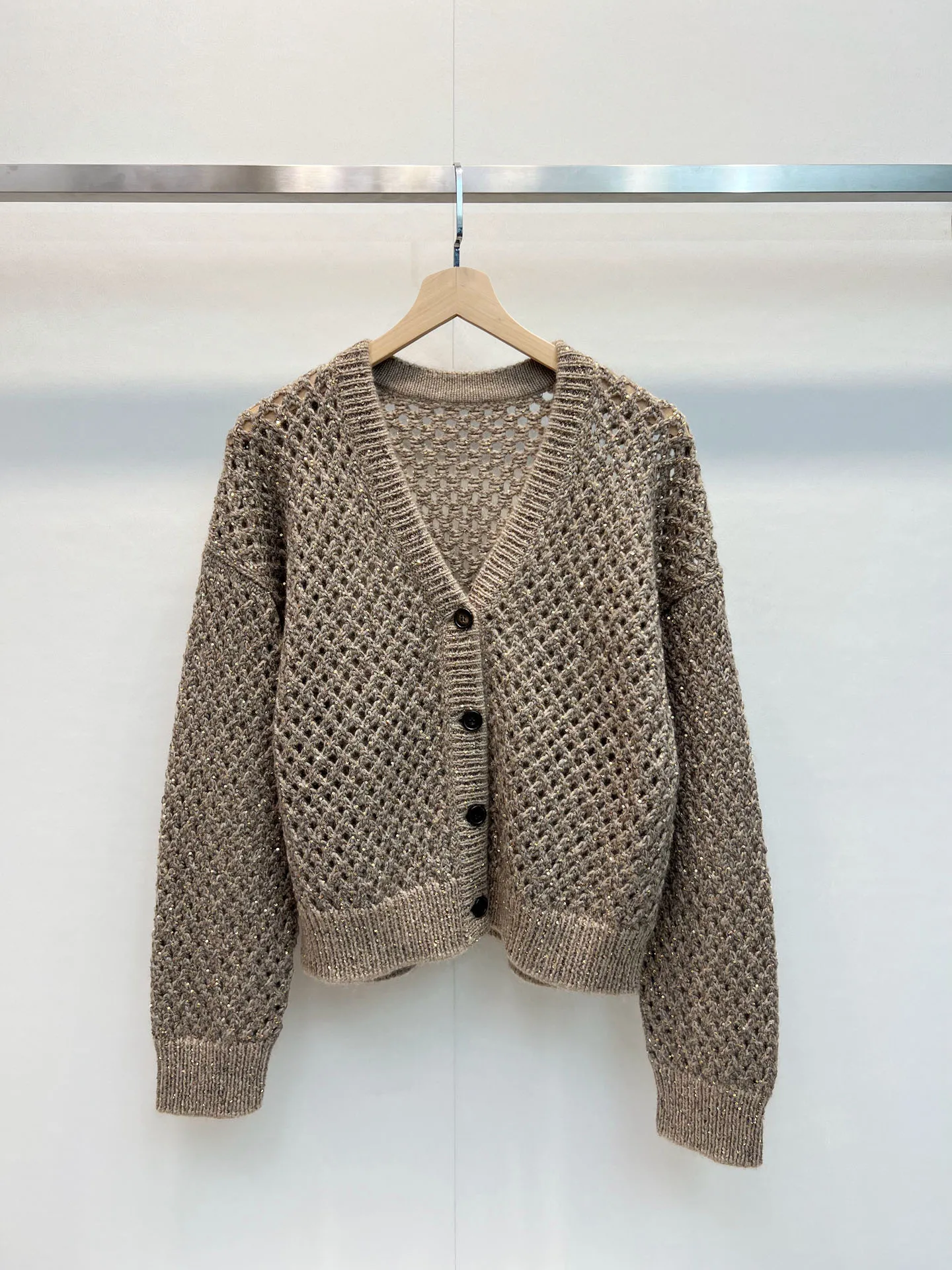 New Autumn And Winter Women's Old Money Style Sparkling Bright Silk Hollow V-neck Cashmere Knitted Cardigan Jacket