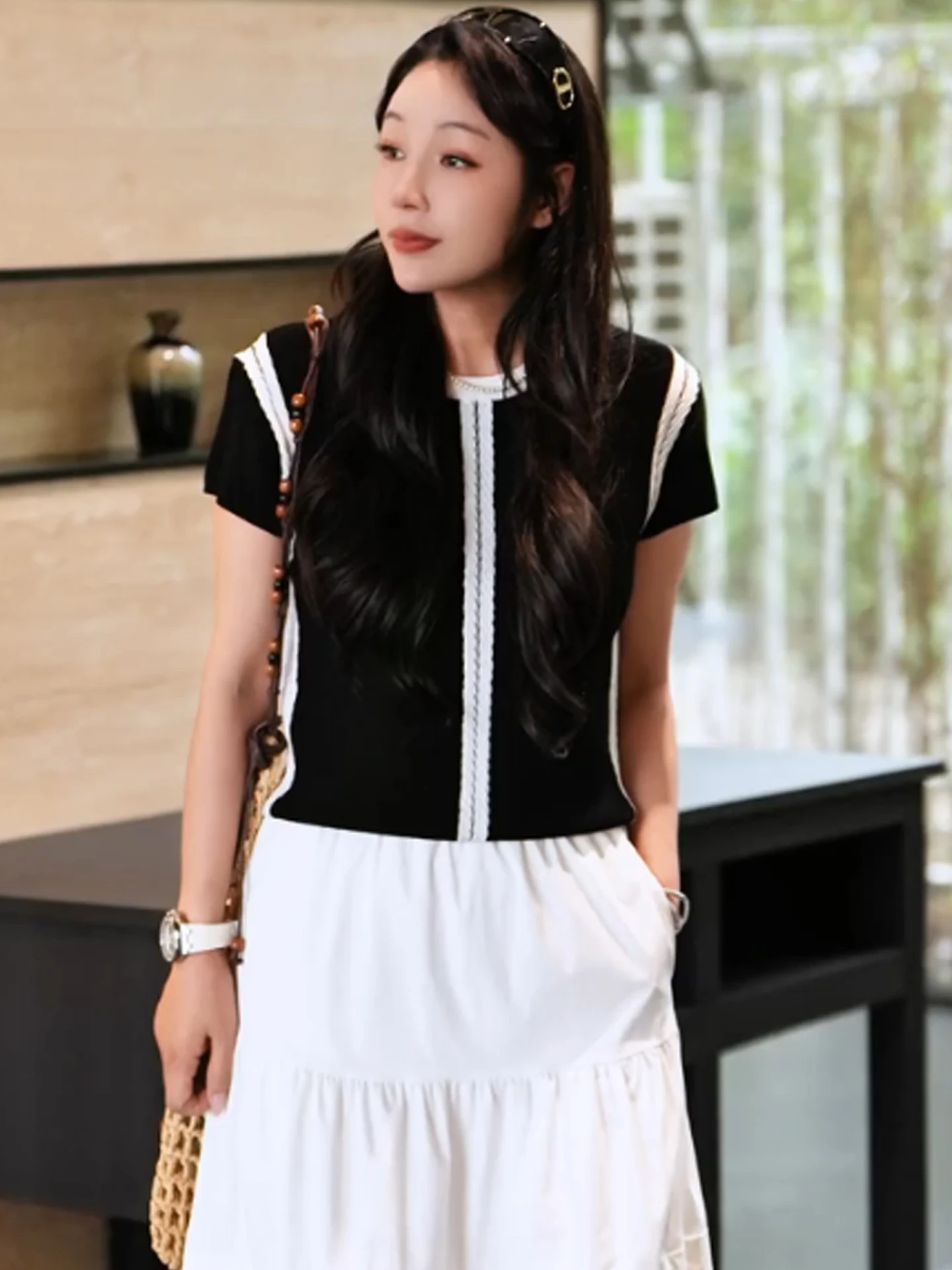 

Ice Silk Knitted ort Sve round Ne Top Color Blo Design Simple Korean Sle Summer Slimming Effectiven