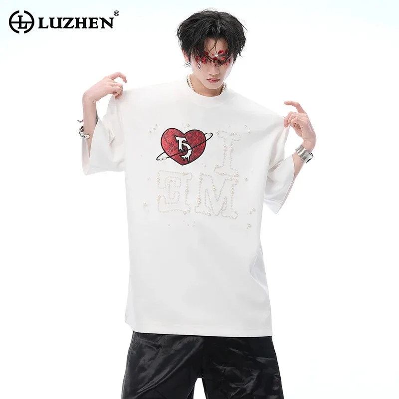 

LUZHEN Couple 2025 New Short Sleeve Love Loose Leather T-shirt Men's Stylish Original Pearl Patchwork Street Tops Clothes JY2609