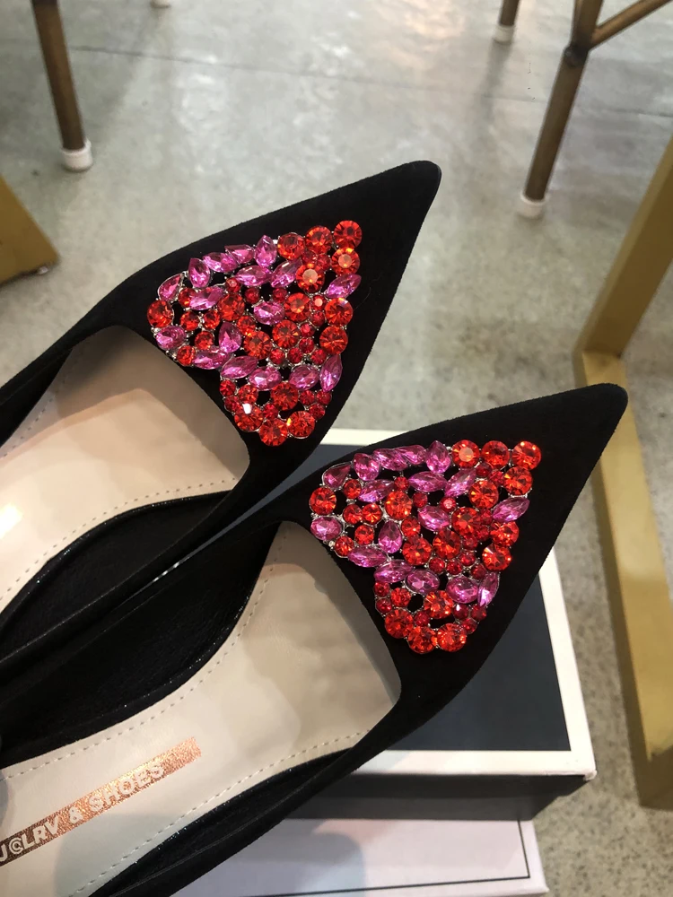 Black Heart Diamond High Heels 2024 Spring New Design Sense Niche Light Mouth Slim Heels Versatile Style Pointed Women's Shoes