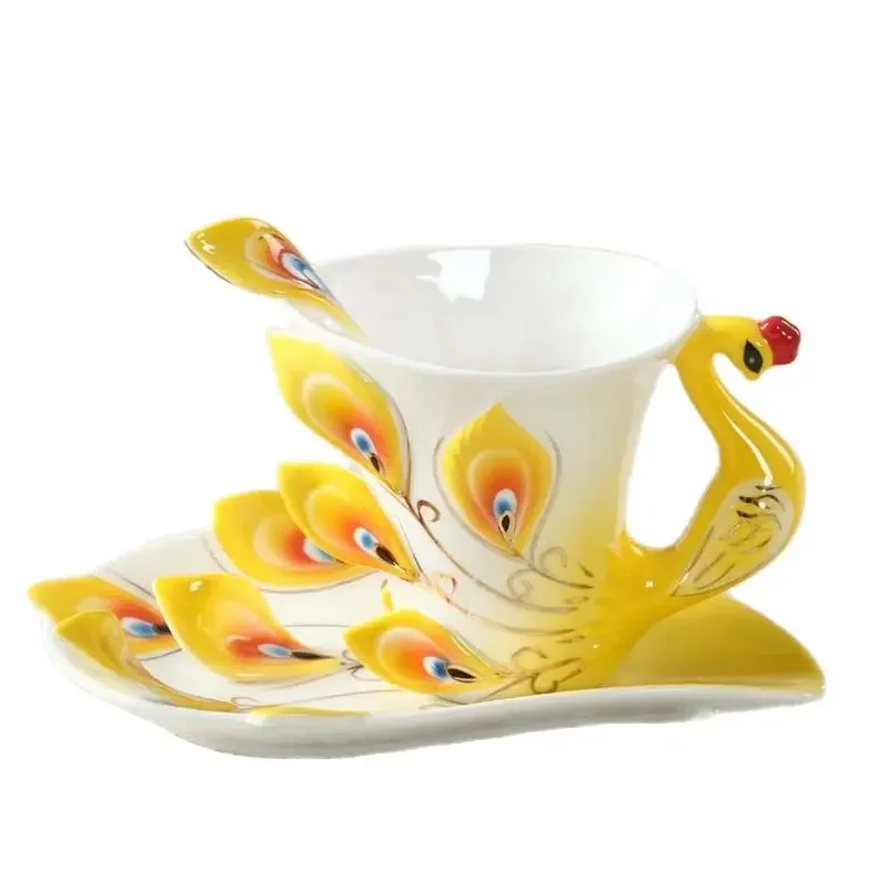 

200 мл чашка для воды с павлином и блюдцем из костяного фарфора, керамические чашки для кофе для пары, блюдо с ложкой, подарочный набор D2N2F9