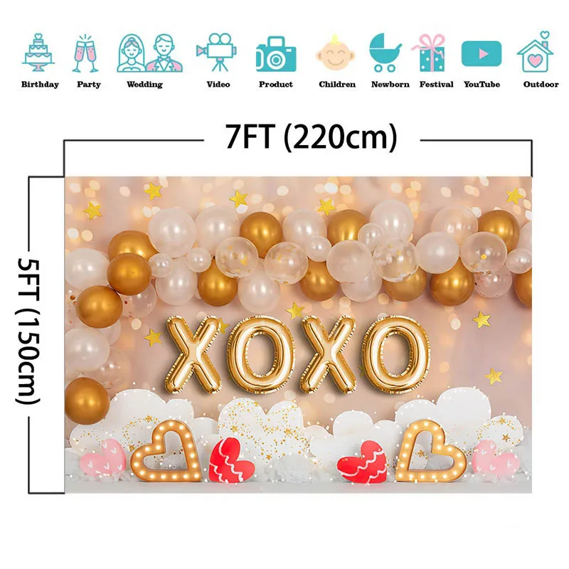 Arrière-plan de photographie d'enterrement de vie de garçon, coeur, chapiteau, lumières, ballon doré, XOXO, arrière-plan de portrait de Leon, 14 février, Photocall