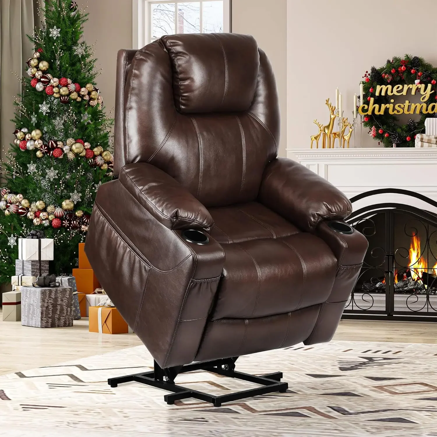 Power Lift Recliner Chair for Elderly, Lift Chair with Heat and Massage, Faux Leather Recliner Chair with 2 Cup Holders