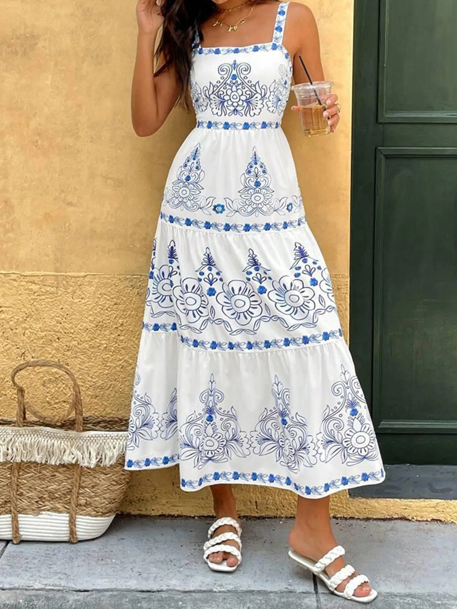 Vestido maxi feminino com babados, sem mangas, boho, estampa floral, evasê, verão, vestido de praia fluido com bainha em camadas