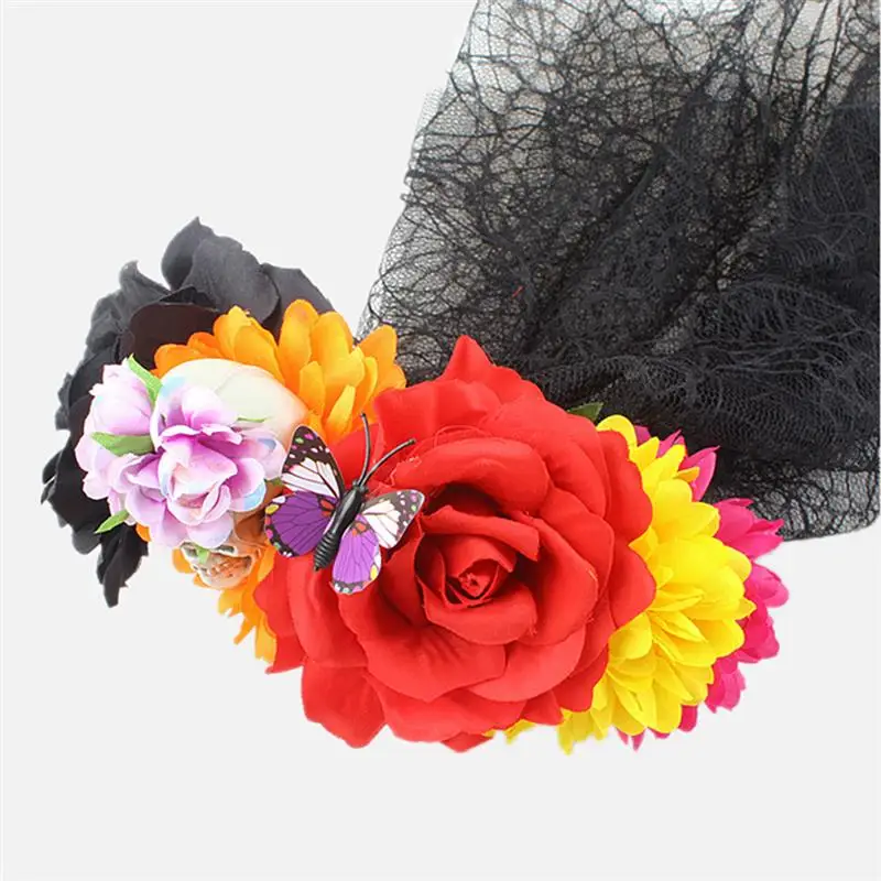 Halloween Hair Hoop Headband Ladies Day Of The Dead Red Rose Flowers Headdress Floral Hair Band Party Cosplay Hair Accessories