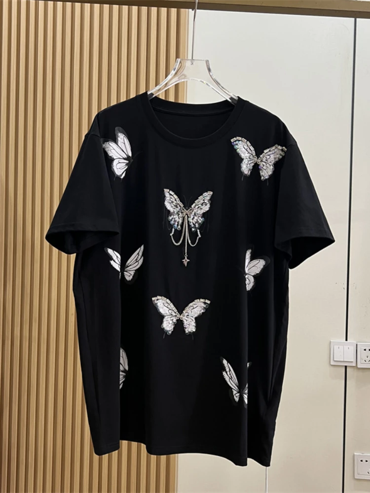 Heavy Industry Beads 3D Butterfly Cotton Short Sleeve T-shirt Women Summer Embroidered Sequins Mid-Length Loose Crew Neck Top