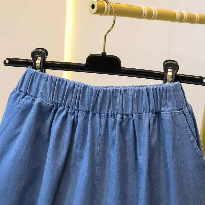 Summer Leisure Denim Shorts Women Loose Embroidery Decoration Elastic High Waist Wide Leg Short Jeans Lady Streetwear