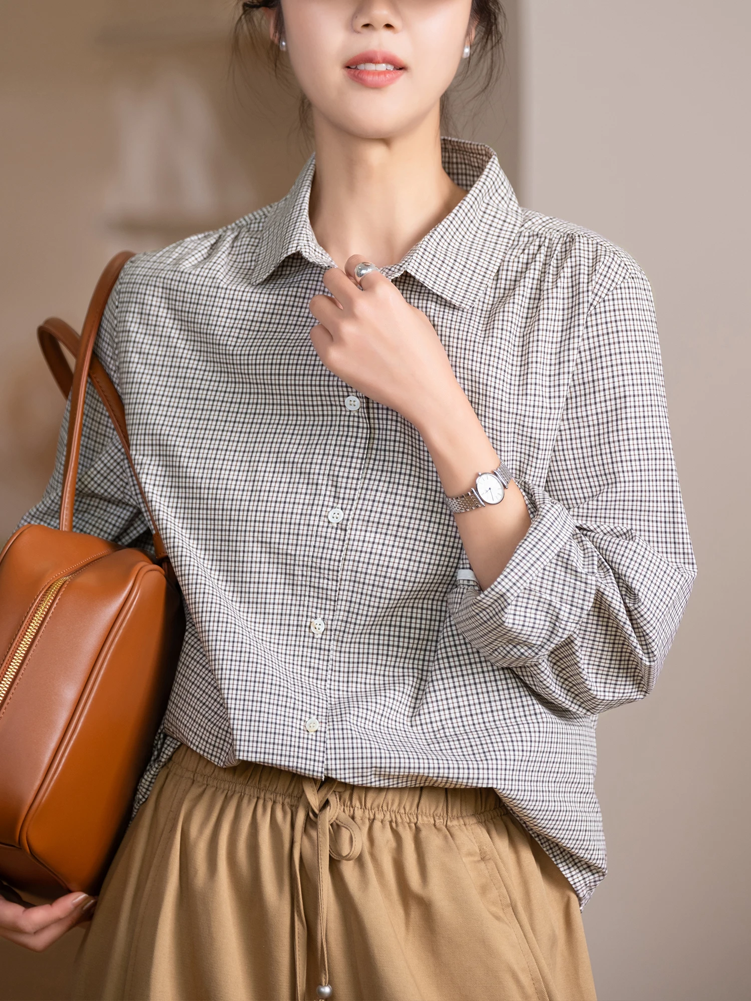 

Loose Fit Plaid Cotton irt Women's Breathable Casual Sle Long Sve Button down irt Comfortable Wear Spring Season