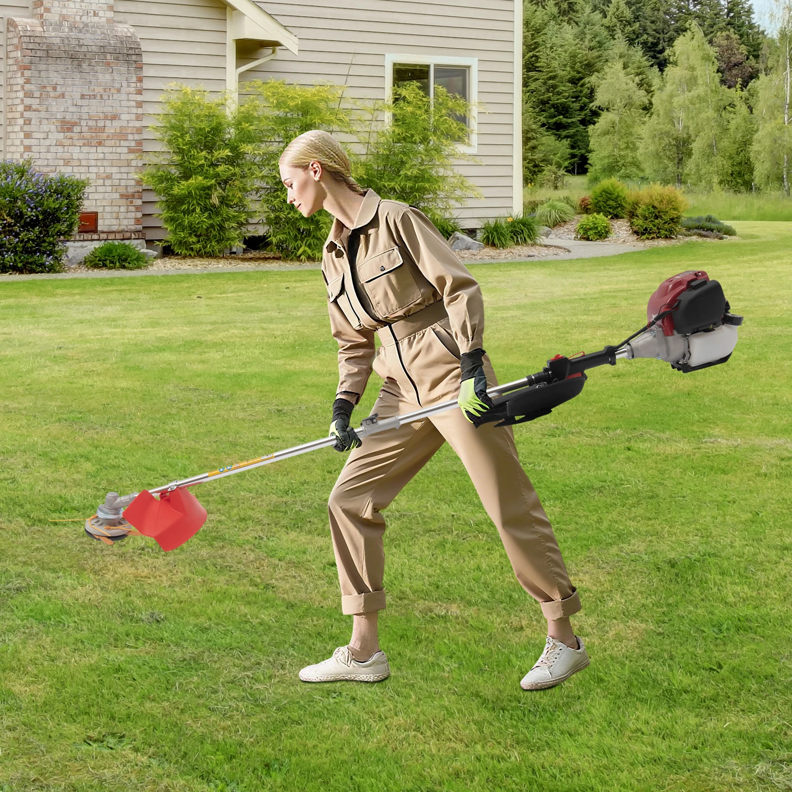 35.88CC Gas Weed Wacker 4-Stroke Gas Powered Weed Eater 0.75KW Grass String Trimmer Powerful Lawn Edger with 2 Blade Heads Grass Tools for Garden, Urban Greening