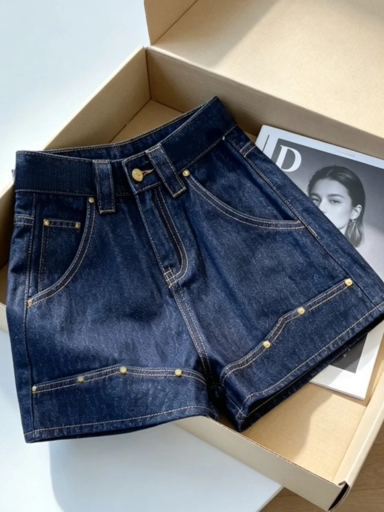 Denim Shorts Dark Blue Women Summer 2026 New Rivets High Waist Slimming Loose Sexy Elegant Comfortable A Line Hot Pants