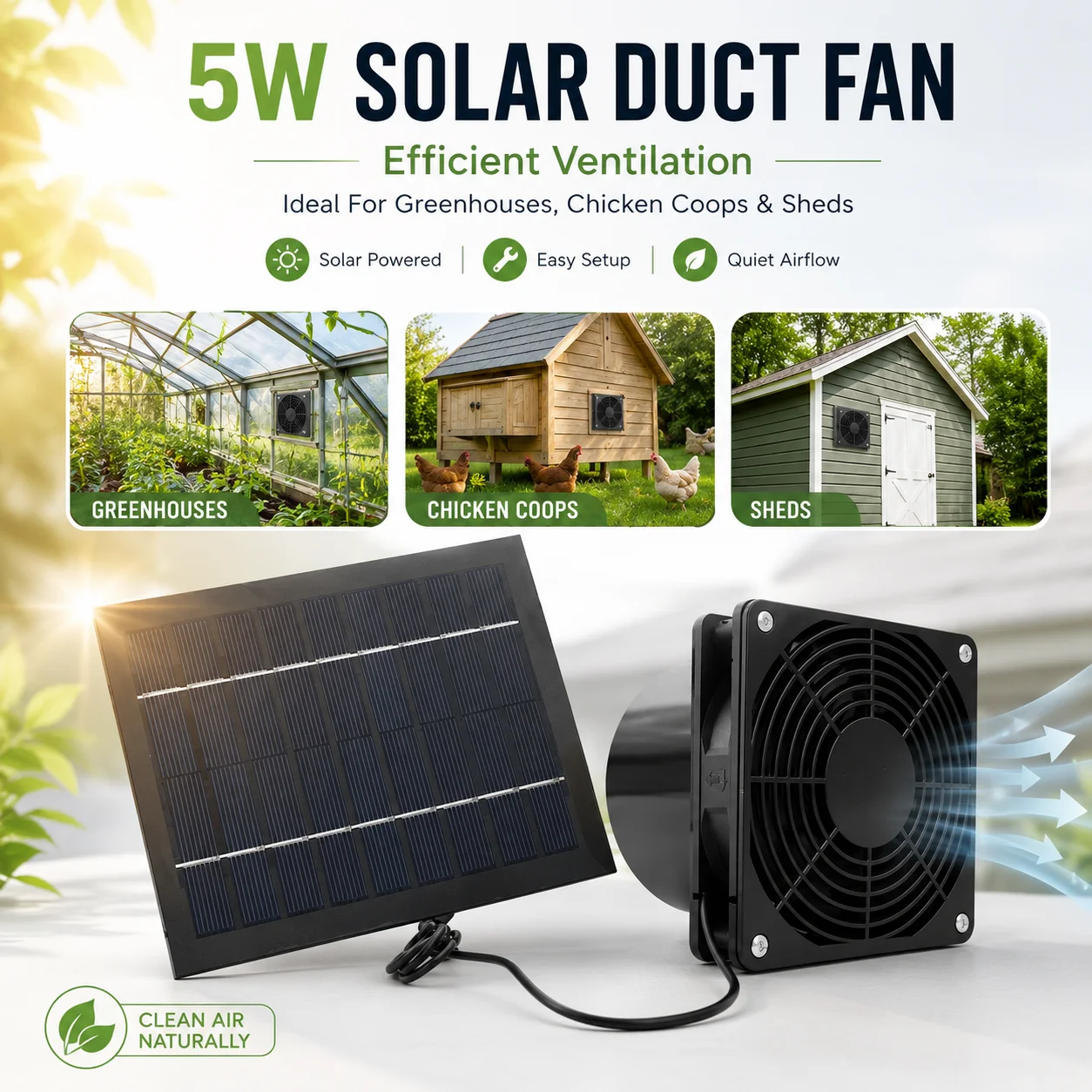 5W Solar Powered Fan Kit With USB Exhaust Vent And Adjustable Panel For Greenhouse Shed Chicken Coop Pet House Airflow Cooling