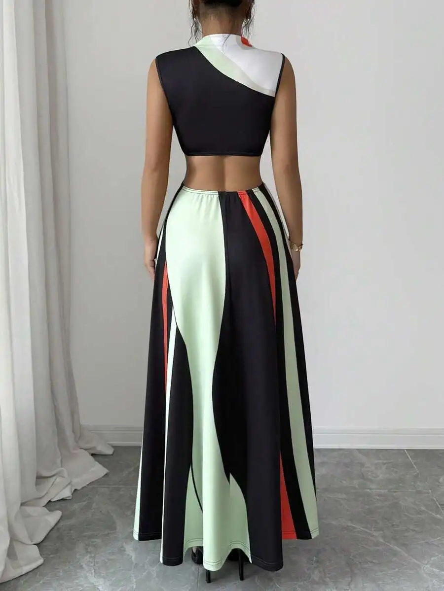 

Womens Sleeveless Geometric Print Crop Top And A-Line Maxi Skirt Set
