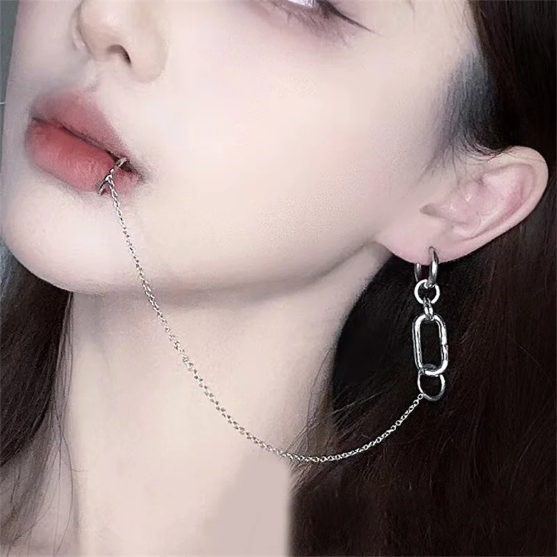 Cool Style Fake Piercing Lip Clip Earring Punk Chain Linked Earrings Zawiasowy pierścień wargowy dla kobiet Mężczyźni Moda Biżuteria Akcesoria