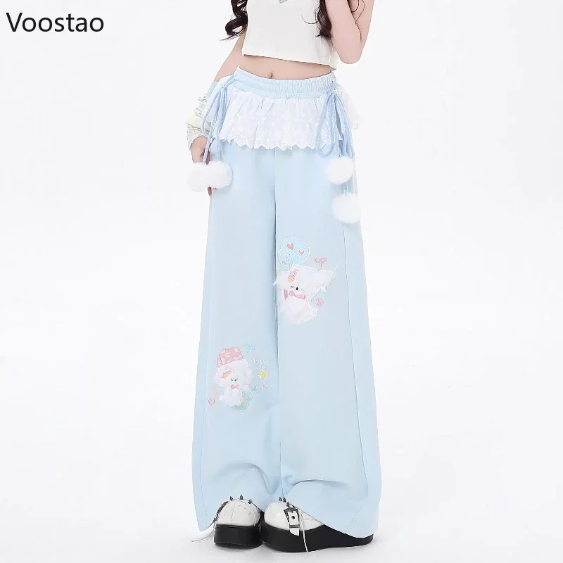 Pink Japanese Kawaii Lolita Style Wide Leg Pants Women Sweet Puppy Embroidery Lace Patchwork Trousers Girls Casual Sweatpants
