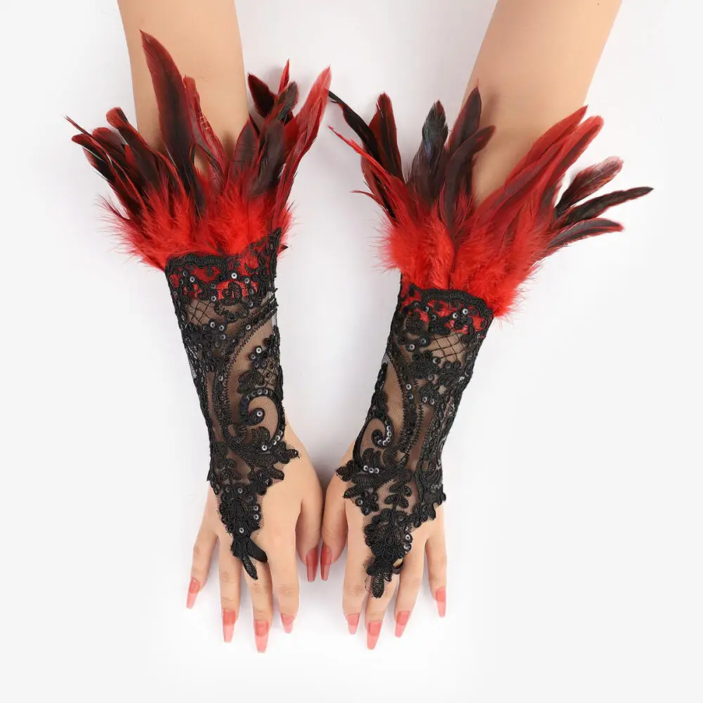 Guantes de dedo con gancho de plumas para Halloween, bola de fiesta, pulsera de encaje negro, accesorios de manga, guantes de protección solar para conducir y ciclismo