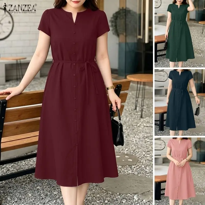 2026 Sommer Einfarbiges Kleid ZANZEA Stilvolles Damen V-Ausschnitt Kurzarm-Kleid Elegantes OL Arbeitskleid Lässiges Schnür-Midikleid