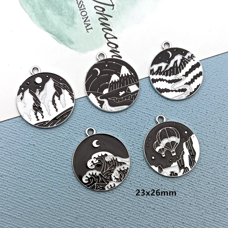 New Black Landscape Snow Mountain Sea Wave River Hanging Pieces Metal Charms DIY Alloy Ornaments Earrings Pendant 50pcs 23*26mm