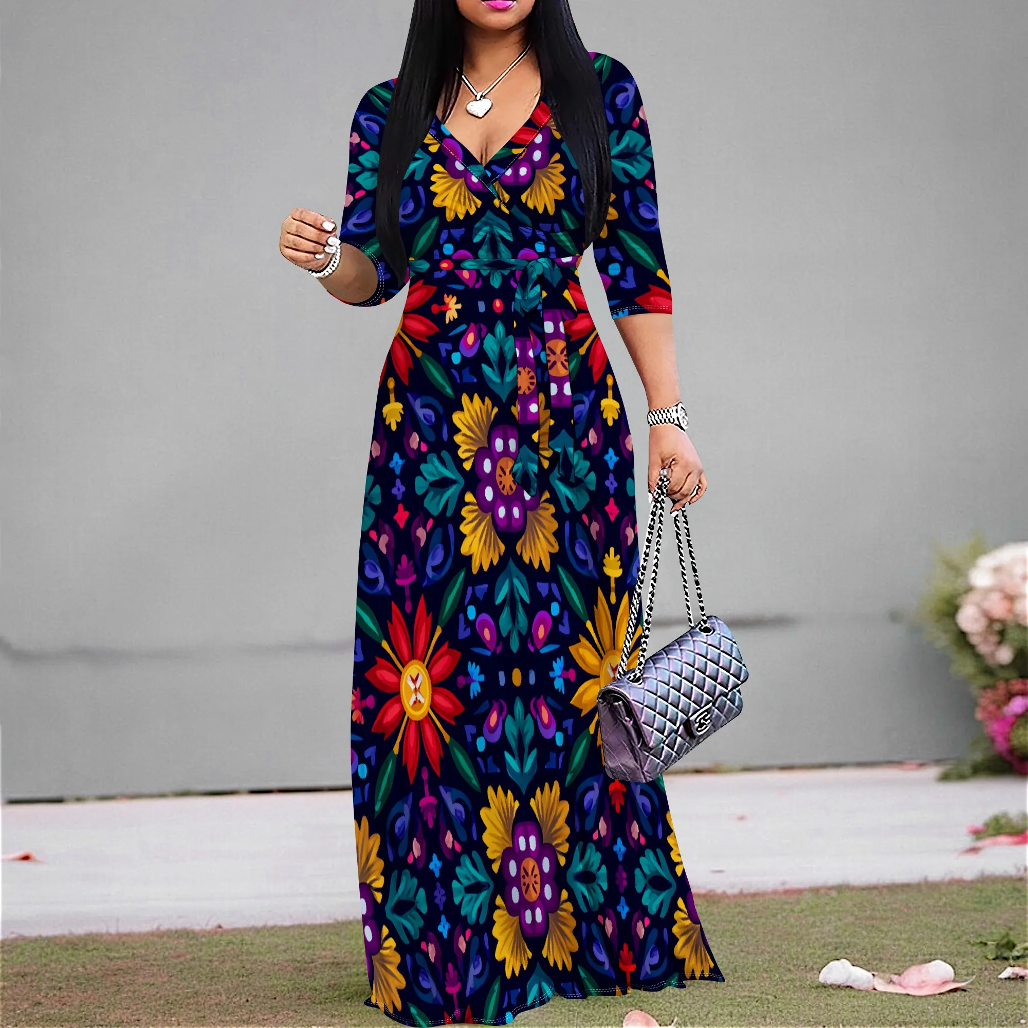 

Elegant Women's Wrap Maxi Dress V-Neck 3/4 Sleeve Ethnic Bohemian Floral Print Party Evening Cocktail Wedding Guest Dress S-3XL