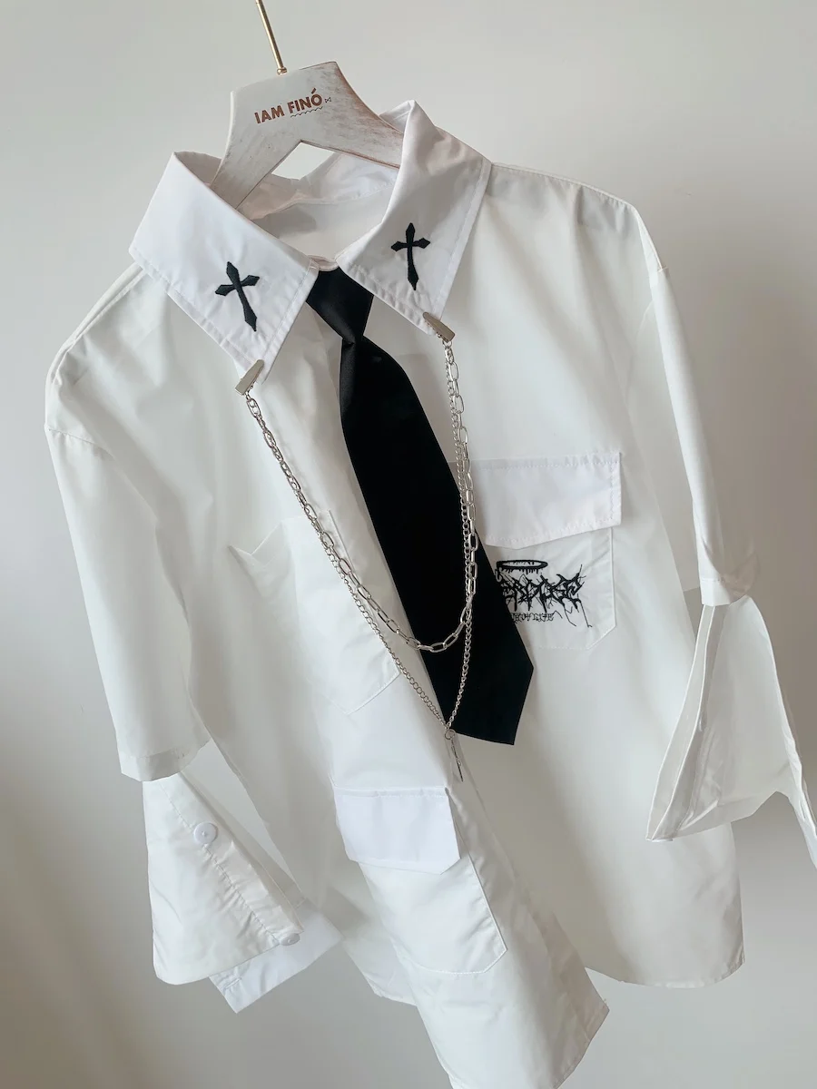 Japanese Mine Embroidered Cross Print Loose Long Short Sleeve Two Wear Shirt Women's Subculture Shirt with Chain