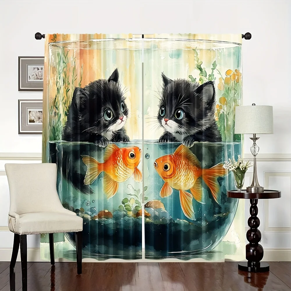 Vibrant Cat Fish Animal Pattern Rod Pocket Window Curtains Set - Soft All-Season Room Decor for Living Room Kitchen 2 Panels