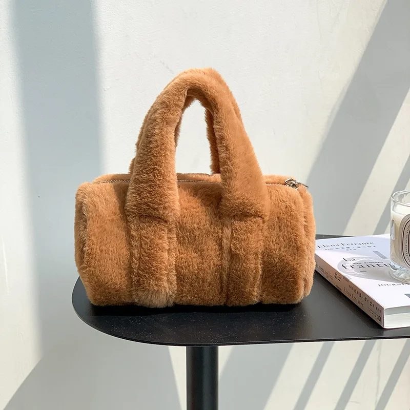 Sacs fourre-tout en laine d'agneau pour femmes, sac à main mignon et doux, intervalles Boston, peluche, sacs à main à bandoulière pour dames, hiver, nouveau, 2024