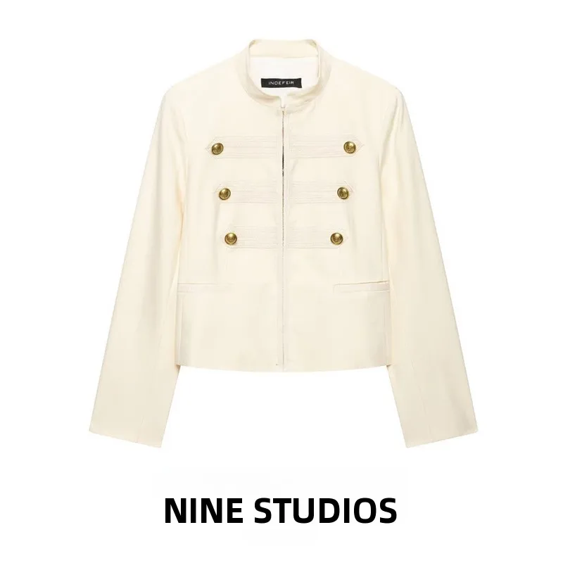 NINE ZAR Women's Fashion Jacket with Small Gold Buckle And Rope Knot Design Elegant Short Style Long Sleeve Business Suit