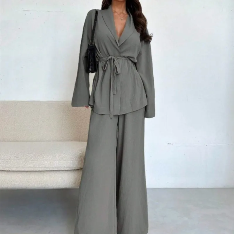 

Elegant Fashionable V-neck Lace Up Long Sleeved Top+Wide Leg Pants Two-piece Set Autumn Winter Women Conjuntos De Pantalones