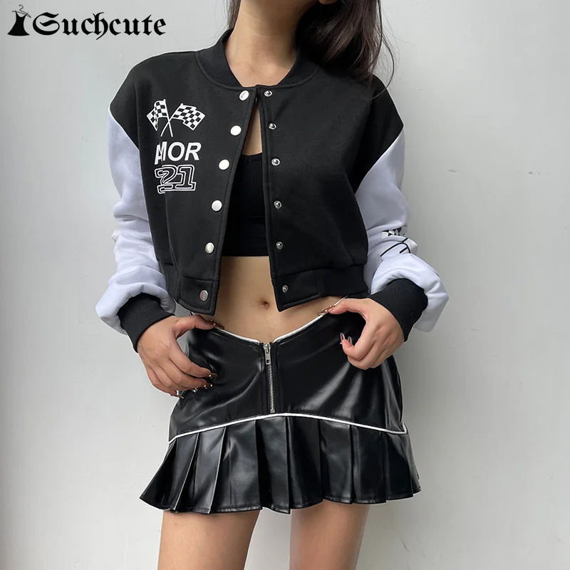 SUCHCUTE Printed Jacket Women Button Up Casual Baseball Uniform Coat Fashion Streetwear Bomber Moto Biker Racing Short Jackets