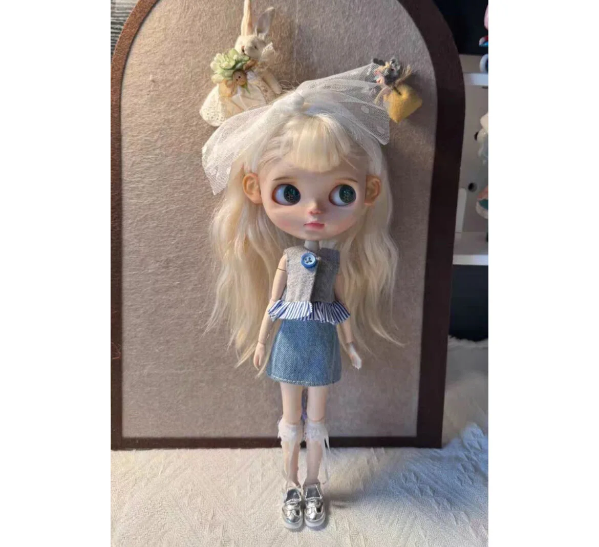 3pcs lady style 2025 Blythe Splicing top+denim skirt+lace headpiece(Fit for Lulu,ymy24,Ob22,24,26,zone, Jenny)