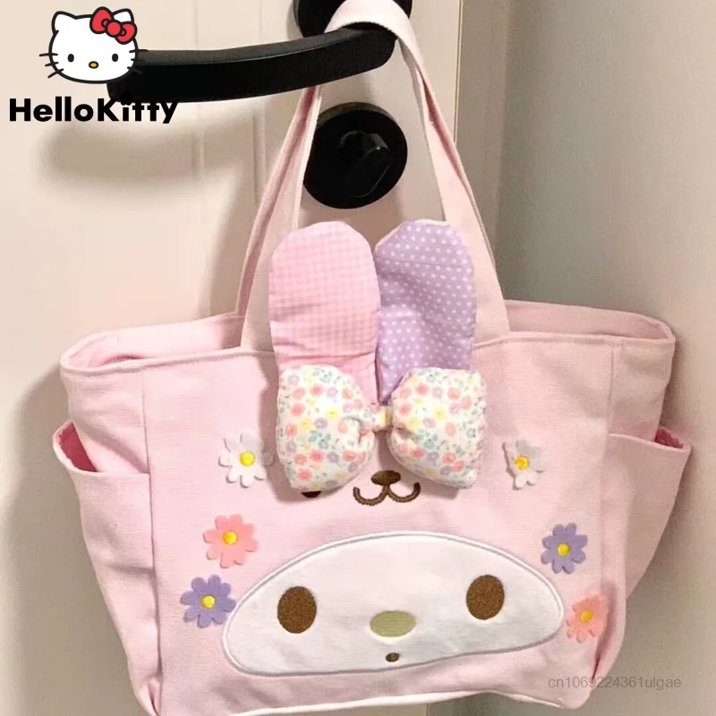 Sanrio Hello Kitty Melody Pink Bags Cute Casual Canvas Totes Y2k Student Bento Bag Commuting Bag Women Cartoon Fashion Handbags