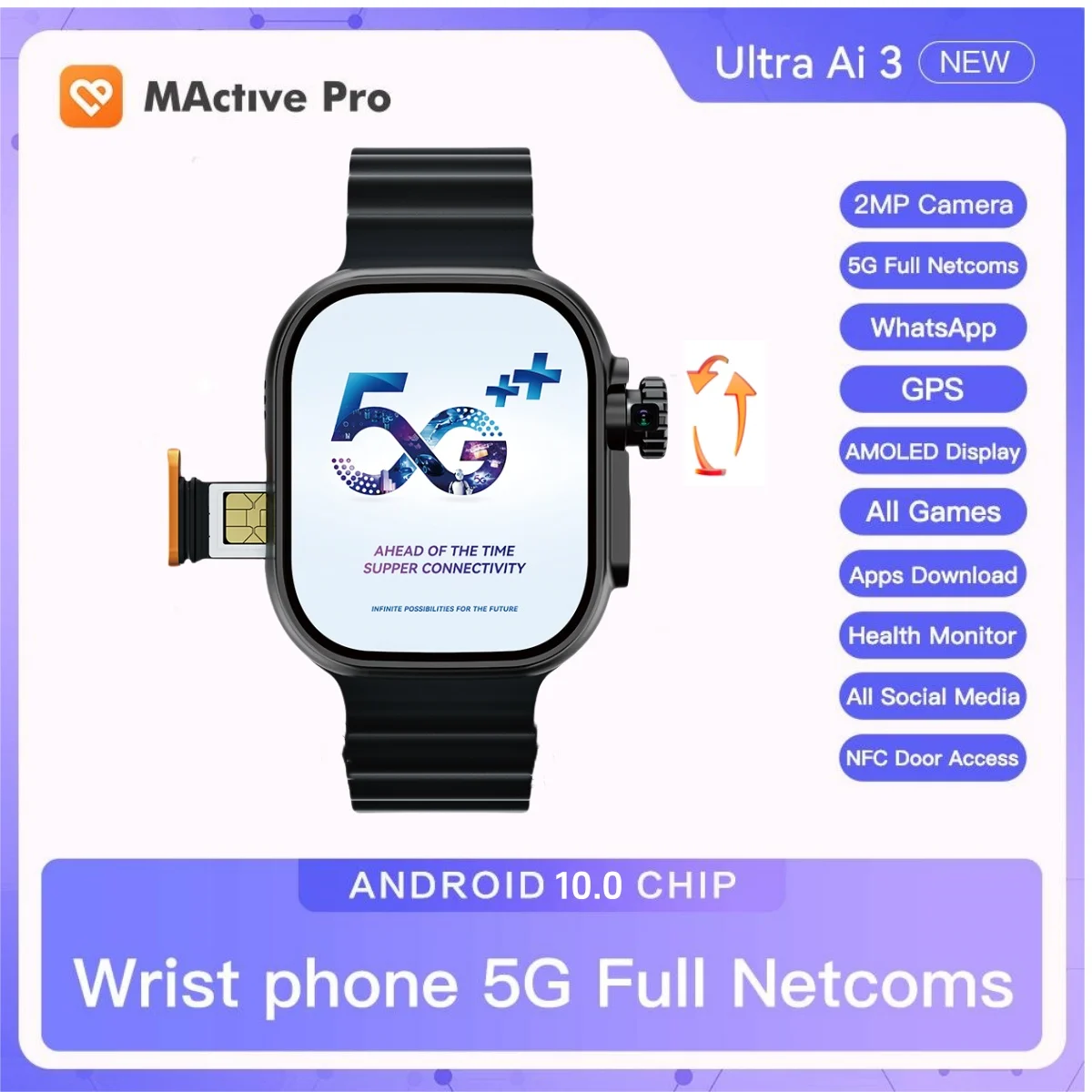 Microwear S10 Ultra ai3 Smartwatch 5G SIM Card Android 10.0 2.2'' Amoled Health Monitoring 180° Rotary camera 256GB Smart Watch