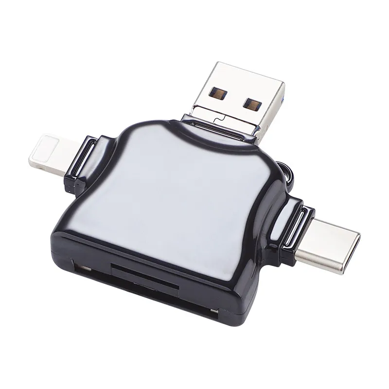 

4-in-1 card reader, universal interface for mobile phones and computers, multiple ports for simultaneous reading of memory cards