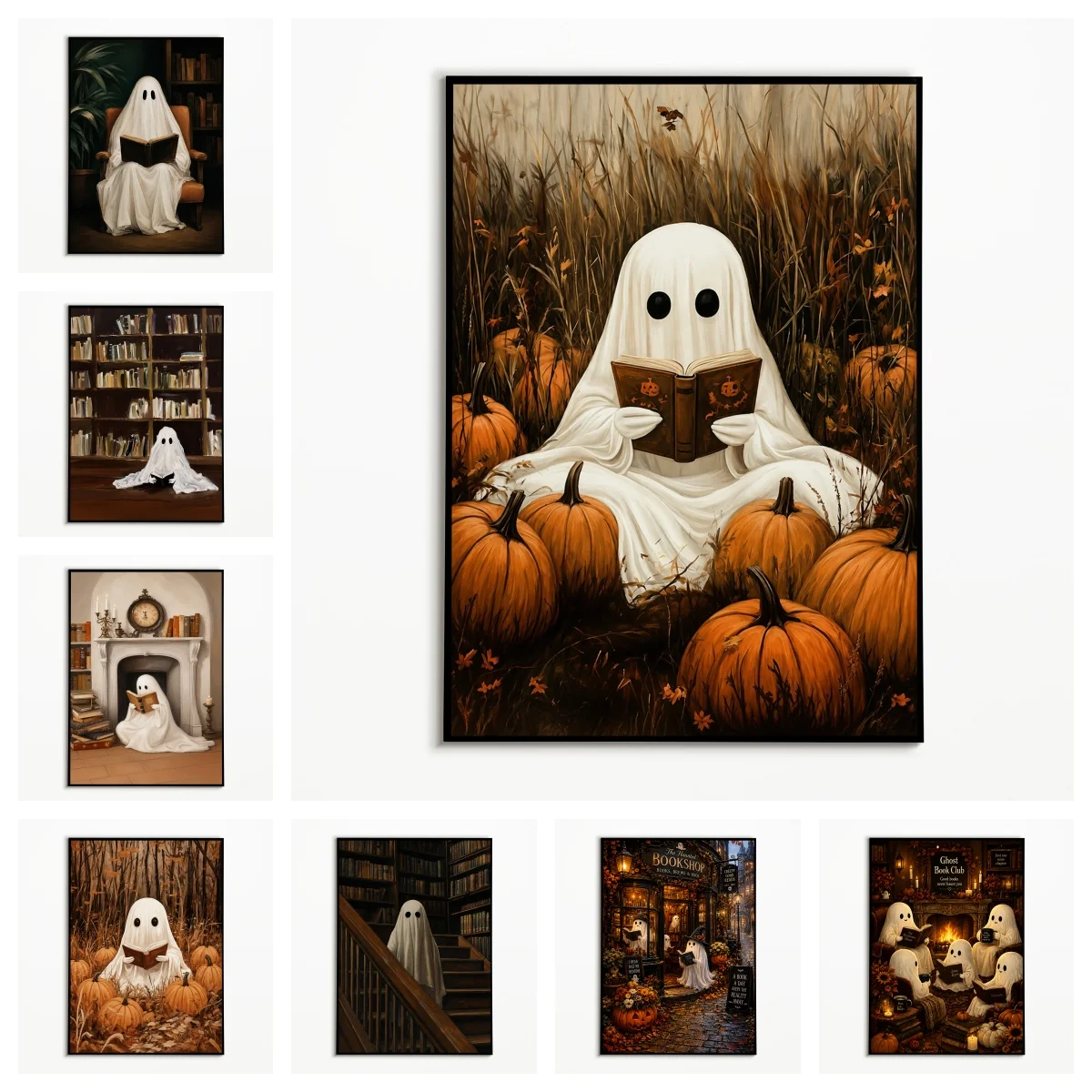 1PC Retro Cute Ghost Reading Poster Halloween Pumpkin Wall Art  Autumn Canvas Printing Festival Gift Fall Room Wall Decor