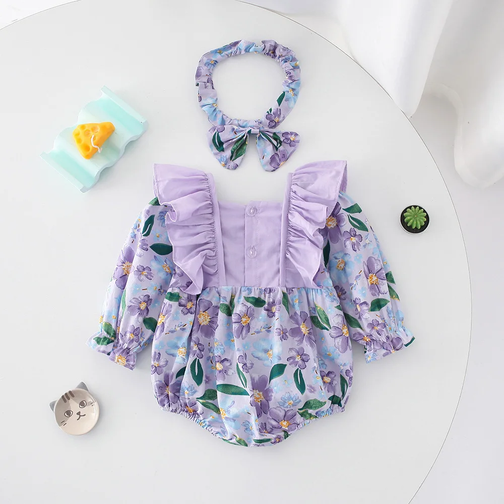 Autumn Newborn Infant Baby Girls Romper + Headband Long Sleeve Rompers Pure Cotton Kids Onepiece Fashion Floral Baby Clothing