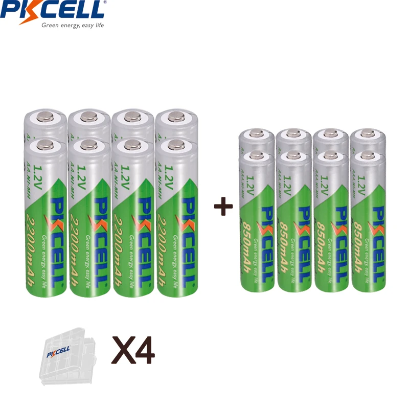 PKCELL 4 قطعة 2200MAH AA بطارية قابلة للشحن + 4 قطعة AAA 850MAH 1.2 فولت ni-mh AAA/AA بطاريات قابلة للشحن وصندوق بطارية AA /AAA