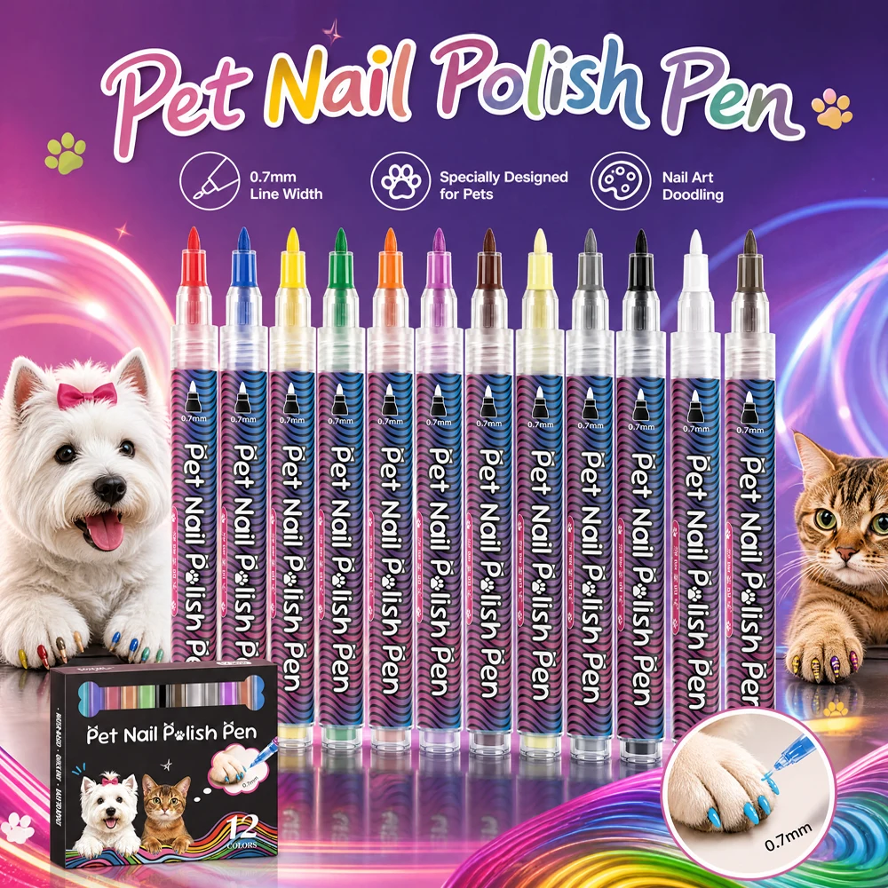 12 Colors Pet Nail Polish Pen 0.7mm Fine Tip Safe Fast Dry Water Washable Nail Art Marker Dog Cat Pet Claw Doodle Decor Supplies