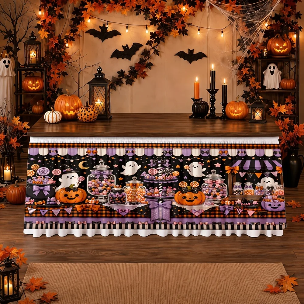 Halloween table skirt 1 piece - Polyester Candy Store Ghost Pumpkin Striped Banner Dessert Display Party Decorationxzj