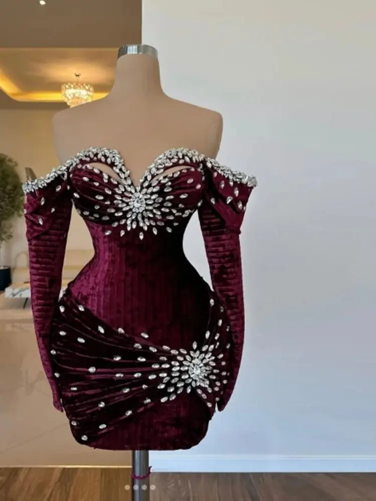Mini cristais de veludo personalizados, vestidos de baile dubai com manga, gala árabe saudita, vestido de noivado sob medida