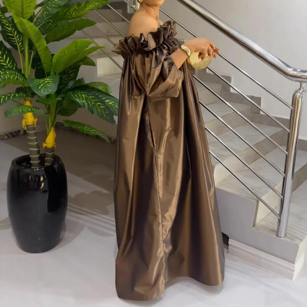 2025 otoño nuevo un hombro satén Sheen Slim Fit vestido de noche largo mujeres marrón estilo elegante