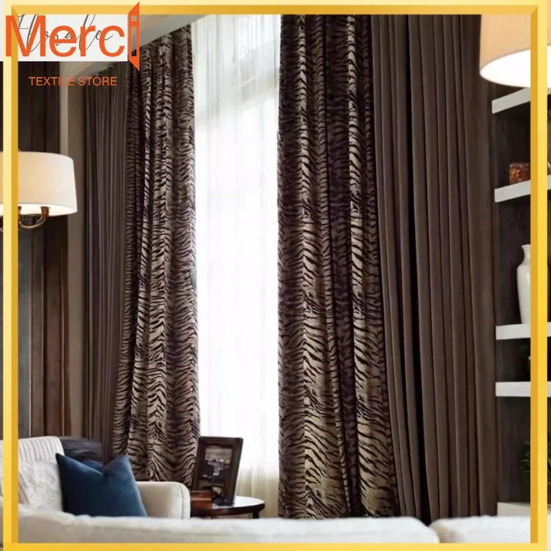 Luxury High-end Curtains For Living Room Velvet Cloth Italian Dark Gray Zebra Pattern Black Velvet Personality Leopard Pattern